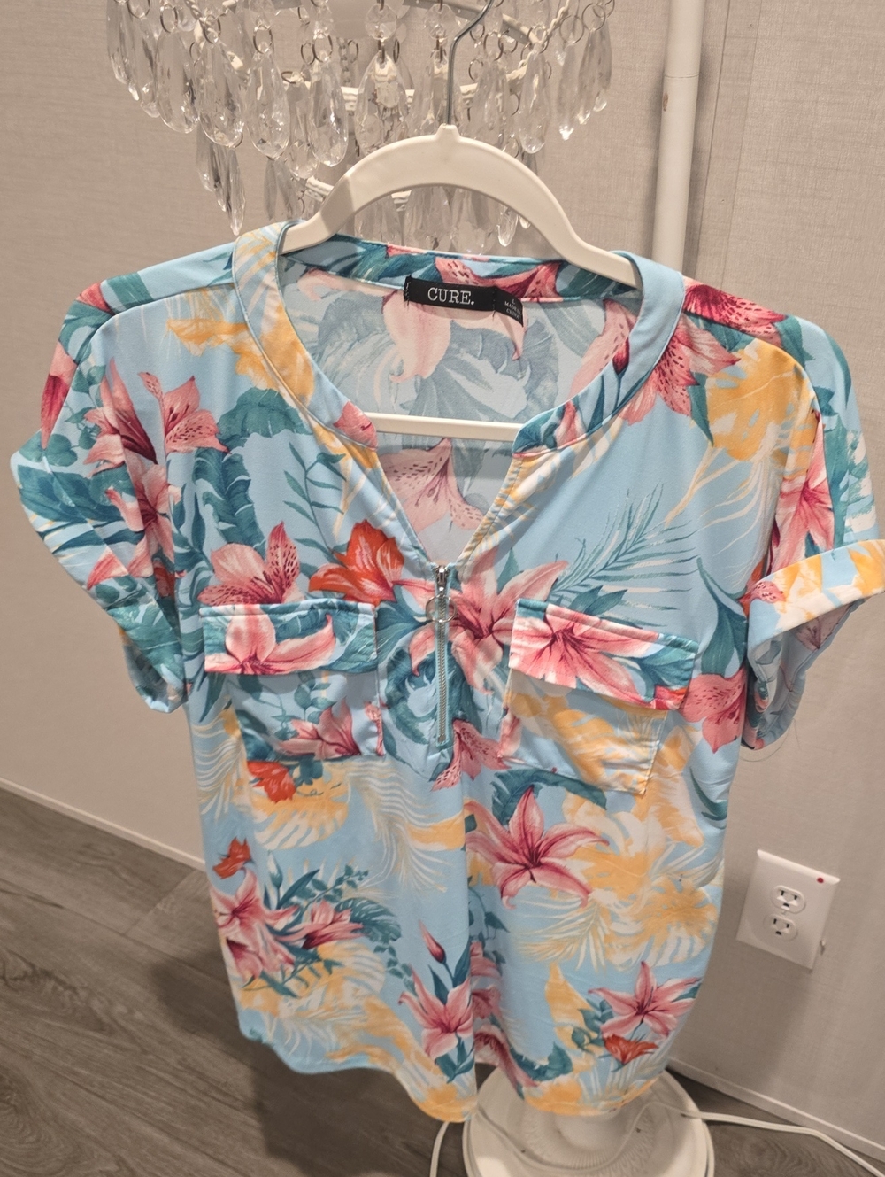 CURE Short Sleeve Button-Front Floral Shirt in Light Blue